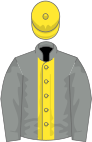 Grey, yellow stripe, grey sleeves, yellow cap