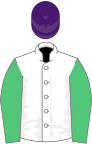 White, emerald green sleeves, purple cap