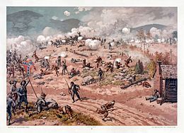 Painting shows a battle between Confederates in gray and brown in the foreground and Union soldiers in blue in the background.