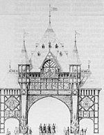 An elevated view of a black-and-white drawing of an elaborate arched structure. At the bottom are three arches, the central one being the largest. Above these is a highly decorated spire with smaller turrets on each side. Under the spire are friezes containing crowns and heraldic shields, and the inscription "WELCOME EARL and COUNTESS of CHESTER".