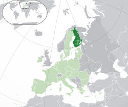 芬蘭的位置（深綠色） – 歐洲（綠色及深灰色） – 歐洲聯盟（綠色）  —  [圖例放大]