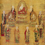 A deity seated on a pedestal surrounded by five robed standing figures.