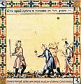 Image 27A game from the Cantigas de Santa Maria, c. 1280, involving tossing a ball, hitting it with a stick and competing with others to catch it (from History of baseball)