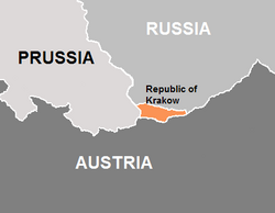 Territory of the Free, Independent, and Strictly Neutral City of Cracow with its Territory (orange) and its three neighbours (Kingdom of Prussia, Austrian Empire and Russian Empire)