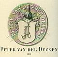 Seal of Peter von der Decken from the year 1591. Peter lived from 1539 to 1619. He is the son of Hermann. Hermann was a mayor of Stade and he started the first family line. Peter owned the farms: Kampe, Oerichsheil, Ritterhof and Wechtern. This style of the coat of arms from 1591 stayed until present.