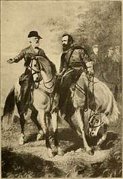 Lithograph illustration, two Confederate officers conversing on horseback