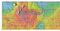 火星轨道器激光高度计地形图显示的代达利亚高原和其他区域的边界，颜色表示高程 。