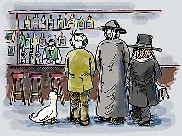 Three characters with their backs to the reader, looking at a bartender, and a duck to their left