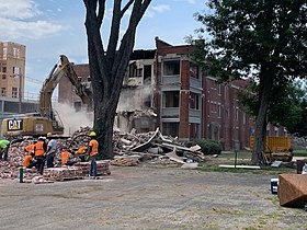 Demolition of the historic Knickerbocker Apartments, July 2020
