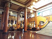 Different view of the hotel lobby and marble columns.