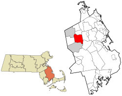 东布里奇沃特在普利茅斯县及马萨诸塞州的位置（以红色标示）