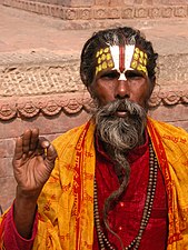 A Hindu sadhu, or ascetic wandering monk or pious man, in Kathmandu, Nepal