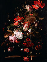 Willem van Aelst, Still life with a watch (c. 1665), with typical dark background.