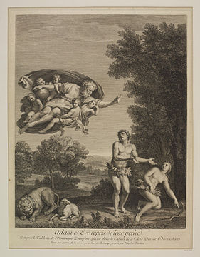 Adam and Eve; the Almighty seen above expelling them from Paradise. Victoria and Albert Museum. From the picture by Domenichino in the Devonshire Gallery.