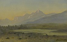 lanscape painting of the valley with mountains in the distance