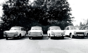 Trabants in an East Berlin, East Germany parking lot during the freedom summer of 1990 (between the fall of The Wall and German Reunification)