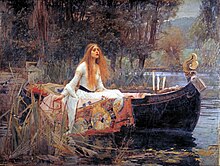PreRaphaelite oil painting of the Lady of Shalott, finely dressed, on a small boat in a river