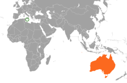 Map indicating locations of Malta and Australia