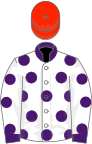 White, purple spots, collar and cuffs, scarlet cap