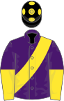 Purple, yellow sash, halved sleeves, black cap, yellow spots