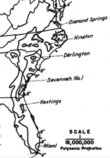 A map showing rainfall totals from the storm, stretching from Florida to Maryland