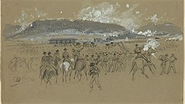 Wash drawing shows Union soldiers in the foreground and a high hill covered by puffs of gunsmoke in the distance.