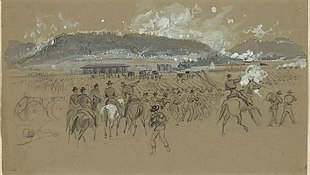 Ink wash drawing shows soldiers fighting a battle. On the horizon is a high ridge.
