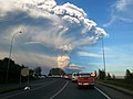 从智利的巴拉斯港看到的卡尔布科火山的喷发柱，2015年4月22日。