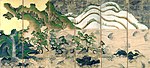 Six section folding screen with landscape painting in gold, brown green and white colors.