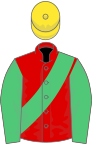 Red, emerald green sash and sleeves, quartered cap