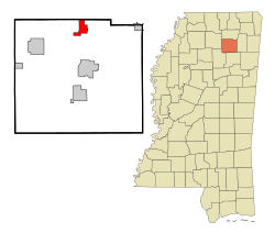 埃克鲁在庞托托克县及密西西比州的位置（以红色标示）