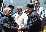 Pranab Mukherjee being welcomed by the Governor of Himachal Pradesh, Shri Kalyan Singh and the Chief Minister of Himachal Pradesh, Shri Virbhadra Singh, on his arrival, at Kalyani Helipad, in Himachal Pradesh