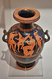 Hydria of Eros between Poseidon, Amymone, and a Satyr; 375-350 B.C.; red-figure pottery; National Archaeological Museum, Athens