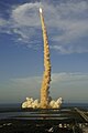 Launch of Space Shuttle Atlantis viewed from the top of the Vehicle Assembly Building