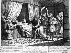 A woman apparently in labour lies on a tester bed, her legs dangling over the edge. Rabbits are on the floor beneath her, some in parts. A nurse is seated to the left, and to the extreme left a man stands, partially hidden by a curtain. A man wearing a wig has his right arm beneath the woman's skirts, to the right one man says "A Sooterkin", another says "A great birth". Near a door on the right of the image, a man says "It's too big" to another man stood in the doorway, holding a rabbit. Rows of text at the bottom describe the people in the image.