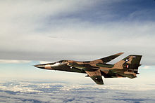 Camouflaged swing-wing military aircraft in flight