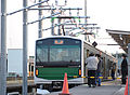 EV-E301 series battery EMU set V1 being recharged at Karasuyama Station, March 2014