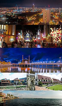 從上至下、從左至右： 望加錫CBD的夜景天際線、望加錫超級商城（英語：Trans Studio Makassar）、望加錫水上清真寺、望加錫至瓦坦波尼公路沿線的傳統布吉人房屋、漁夫的雕像、鹿特丹堡（英語：Fort Rotterdam）、洛薩裏海灘（Losari）