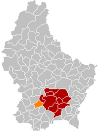 贝尔特朗日在卢森堡地图上的位置，贝尔特朗日为橙色，卢森堡县为深红色