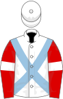White, light blue cross-belts, red sleeves, white armlets and cap