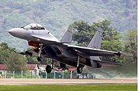 The Royal Malaysian Air Force's Sukhoi Su-30MKM Flankers and Aermacchi MB-339s military aircraft at the Langkawi Airport.