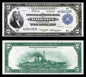 $2 FRBN (1918) depicting Thomas Jefferson. FRB Boston.