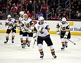 Five Golden Knights players warming up before a game in February 2018