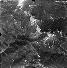 A top-down, black-and-white photograph of South Bald Mountain and the surrounding area.