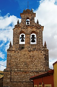 Bell tower of the church of San Miguel Arcángel in Argecilla (Guadalajara, Spain).