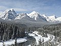 Haddo Peak, highest peak to left, from Morants Curve in winter L→R Haddo, Saddle Mountain, Fairview, Whyte, Niblock