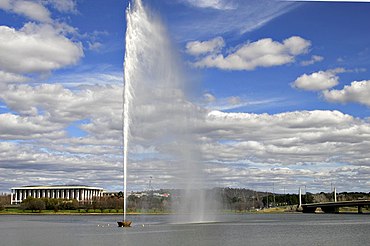 The Central Basin and Captain Cook water jet looking towards the National Library and Parliament House.