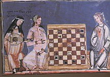 Moorish women playing chess, European woman playing lute. From Alfonso X's Libro del axedrez dados et tablas ("Book of chess, dices and tables"), c. 1283.