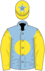 Light blue, yellow disc and sleeves, yellow cap, light blue star