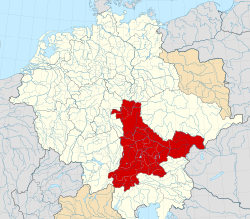 约公元1000年神圣罗马帝国内的巴伐利亚公国（红色，包括奥地利藩侯国）